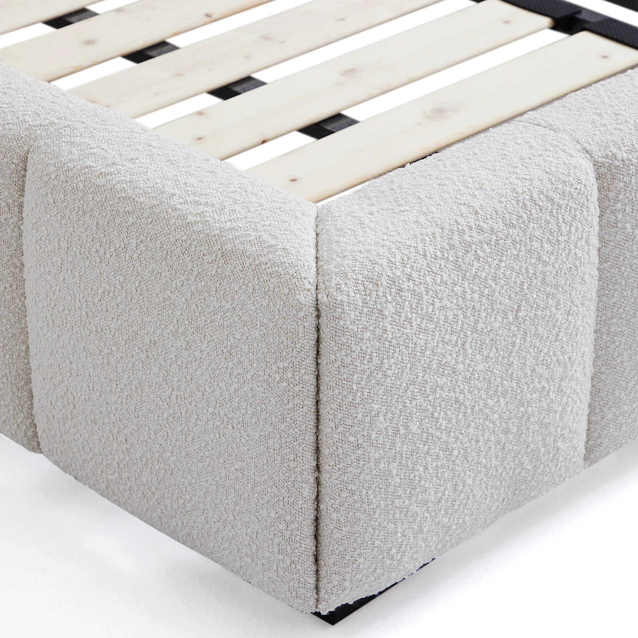 Cushy Boucle Fabric Bed - Contemporary Upholstered Platform Bed in Cream Boucle with Padded Headboard - Image 2