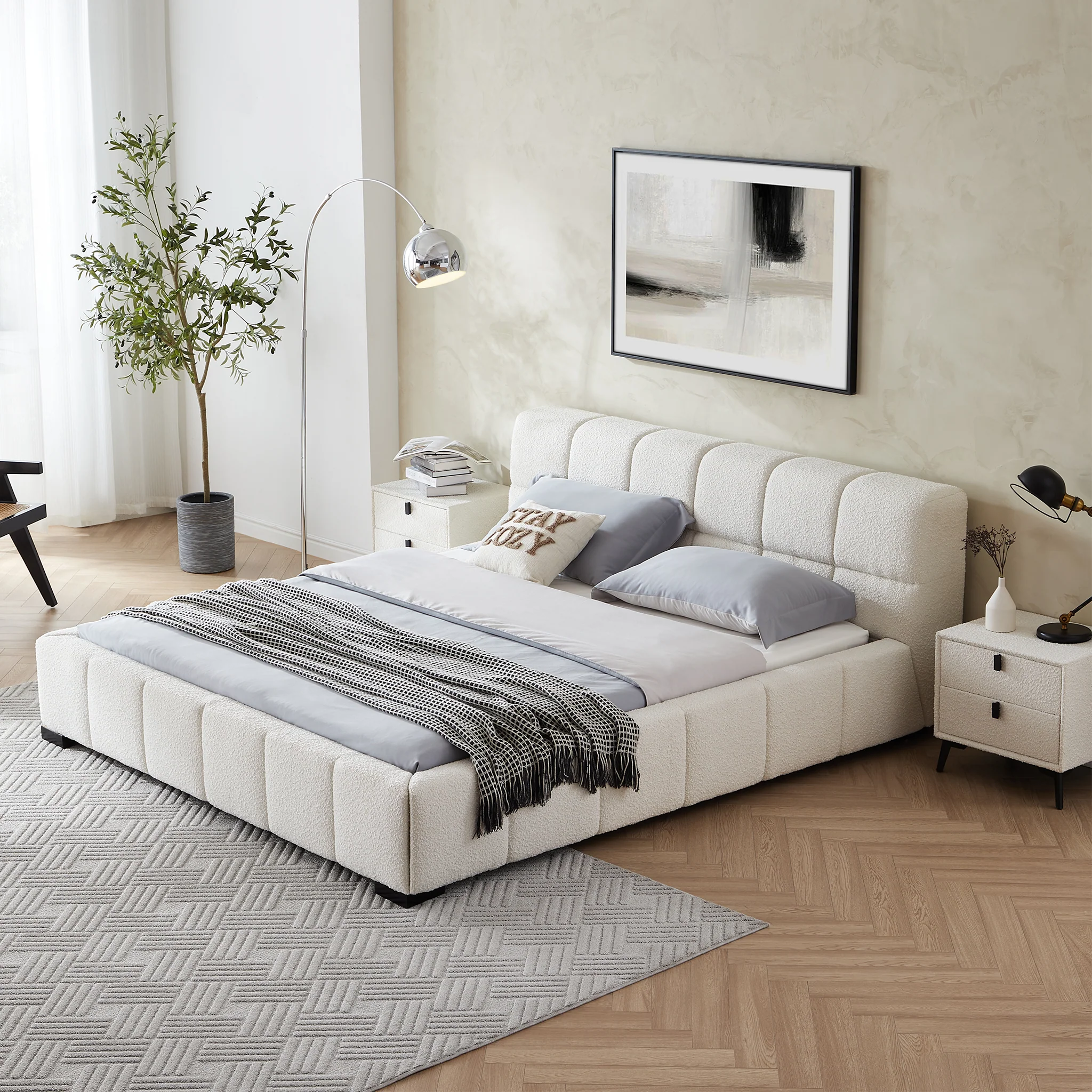 Cushy Boucle Fabric Bed - Contemporary Upholstered Platform Bed in Cream Boucle with Padded Headboard - Image 5