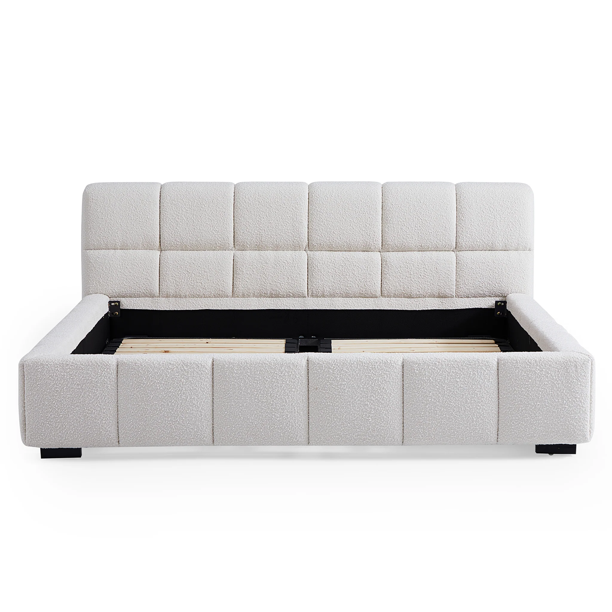 Cushy Boucle Fabric Bed - Contemporary Upholstered Platform Bed in Cream Boucle with Padded Headboard